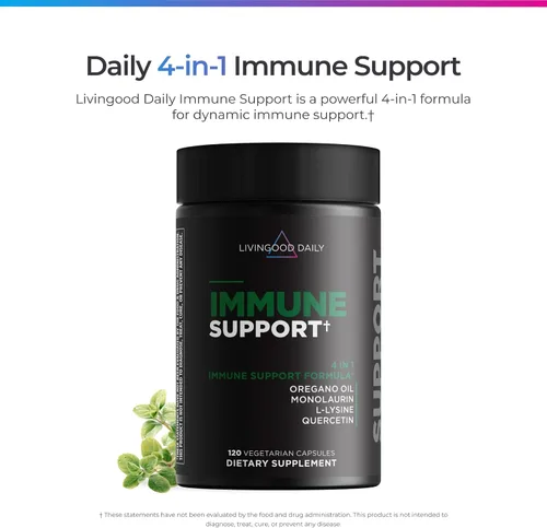 Vista 2 de Livingood Daily Suplemento de apoyo inmunológico, fórmula 4 en 1 con aceite de orégano, monolaurina, L lisina y quercetina, salud intestinal