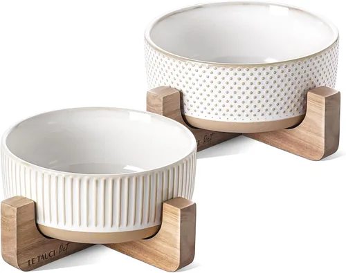Vista 10 de LE TAUCI PET Juego de cuencos de cerámica para perros y gatos con soporte de madera de acacia, 2 tazas con peso antideslizante para alimentos y agua