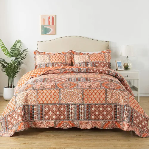 Vista 65 de Juego de cama de dos piezas, tamaño individual, de microfibra, reversible, de retazos, estilo floral, todas las estaciones, patrón de porcelana azul