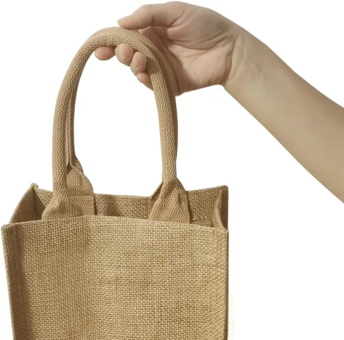 Vista 7 de Bolsa de vino de yute doble Dou con asas de algodón suave para 2 botellas Bolso reutilizable de yute natural para bodas, fiestas, regalos
