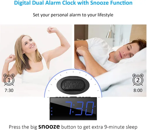 Vista 2 de Mesqool Reloj despertador digital dual para dormitorios, pantalla grande, reloj eléctrico con cargador USB, batería de respaldo, atenuador, 4
