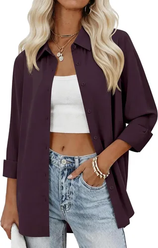 Vista 11 de siliteelon Camisas con botones para mujer, camisas de vestir sólidas, de manga larga, cuello fluido, para trabajo, oficina, negocios, blusas de gasa
