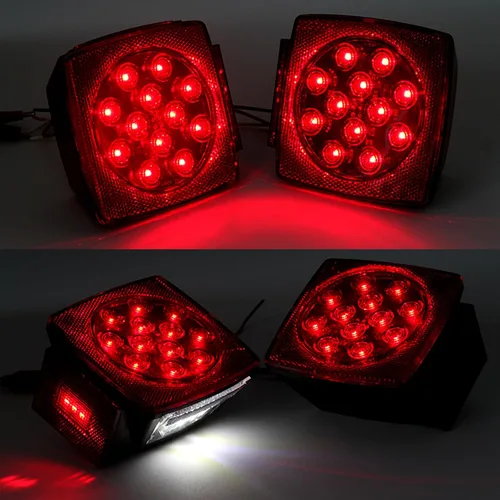 Vista 2 de Luces de remolque, 2 piezas de luces traseras combinadas cuadradas rojas LED, luces de freno, parada, giro, licencia para remolque utilitario