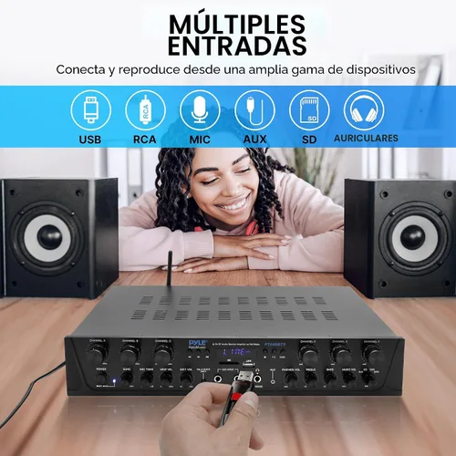 Vista 6 de Pyle Sistema de amplificador de audio inalámbrico para el hogar, amplificador receptor estéreo de sonido compatible con Bluetooth, 6 canales