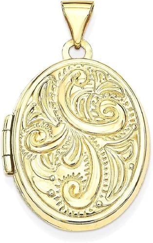 Vista 9 de Collar de cadena con dije ovalado de oro amarillo de 14 quilates con diseño de pergamino de foto que sostiene fotos, joyería fina para mujeres