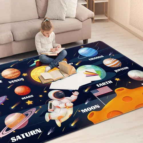 Vista 2 de Alfombra de juegos para niños, alfombra de espacio exterior del sistema solar, alfombra educativa para niños, alfombra de juego para niños
