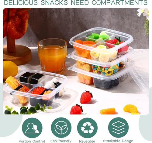 Vista 3 de 50 cajas Bento de plástico transparente, 4 compartimentos, reutilizables, contenedores de alimentos a prueba de fugas, caja Bento con tapas