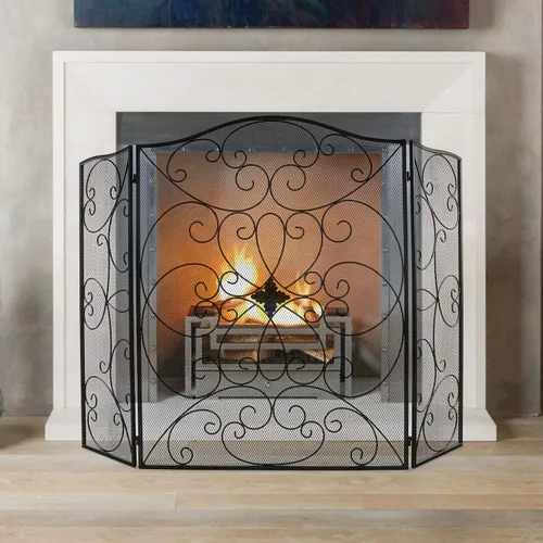 Vista 10 de Pantalla de Chimenea de Doble Puerta 5 en 1 49.6''x 30.7'' Grande 3 Paneles Plegable de Hierro Forjado Independiente Pantalla de Chimenea Rústica