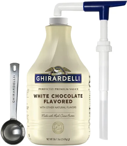 Vista 11 de Ghirardelli Salsa de caramelo, botella de 87.3 onzas (5 libras 7.3 onzas) con cuchara y bomba de barista estampada Ghirardelli