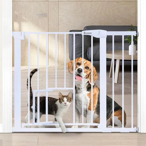 Vista 8 de COMOMY Puerta de bebé con cierre automático con puerta para gatos, puerta extra ancha para perros de 29.5 a 40.5 pulgadas para puertas de casa