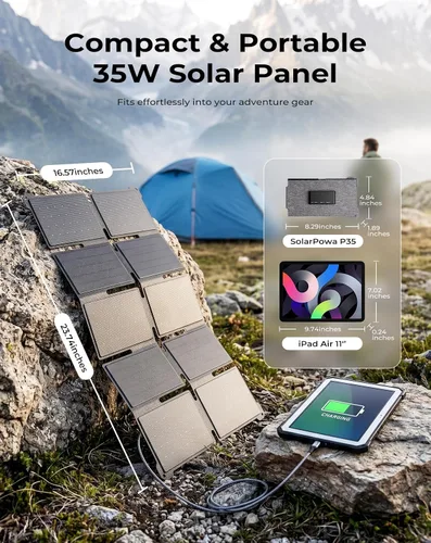 Vista 5 de Cargador de panel solar portátil BigBlue de 35W con carga rápida USB-A y USB-C PD de 25W para acampar, mochila, 0.7 kg, resistente al agua IP68