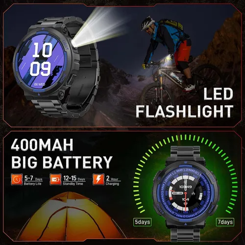 Vista 3 de Relojes inteligentes militares para hombre (respuesta/hacer llamadas) con linterna LED 3ATM resistente al agua reloj inteligente con más de 100