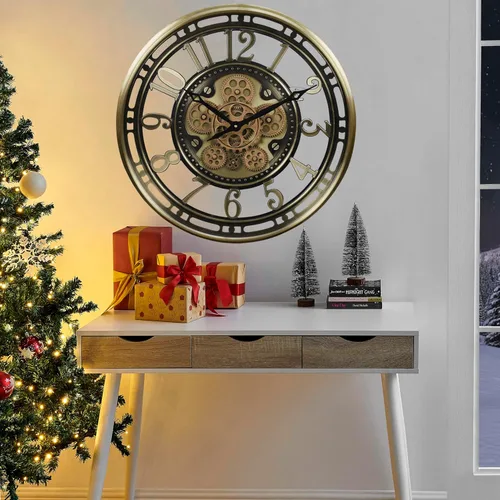 Vista 8 de CLXEAST Reloj de pared de engranajes en movimiento industrial de 21 pulgadas, reloj de pared moderno de estilo granja con números arábicos, funciona