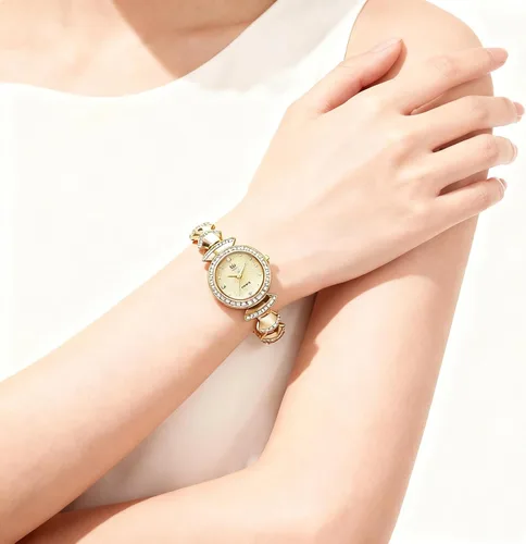 Vista 4 de 1080P Reloj dorado para mujer, esfera redonda pequeña, reloj de pulsera de cadena de diamantes de imitación ajustable, impermeable, reloj de pulsera