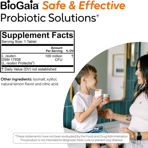 Vista 8 de Comprimidos masticables BioGaia Protectis para niños pequeños, niños y adolescentes, dolor de estómago ocasional, estreñimiento, diarrea
