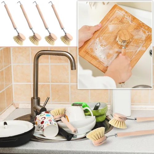 Vista 4 de Maxdot 4 cepillos de cocina con mango de madera de haya, mango de madera natural, cepillo de cerdas de fibra, cepillo de repuesto de 2 pulgadas
