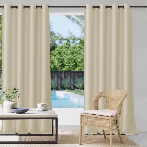 Vista 19 de StangH Cortinas para exteriores beige impermeables, tela gruesa, bloqueo de luz, cortinas opacas para patio con ojales en la parte superior