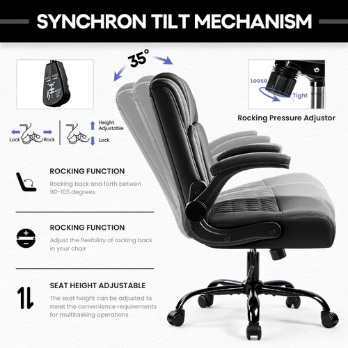 Vista 5 de Silla de escritorio de cuero OFIKA, silla de oficina ergonómica con soporte lumbar, silla de computadora, silla ejecutiva de cuero con reposabrazos