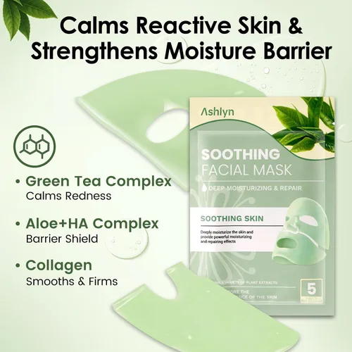 Vista 3 de Ashlyn Mascarilla facial de colágeno calmante de té verde, mascarilla hidratante nocturna con ácido hialurónico y colágeno para pieles sensibles
