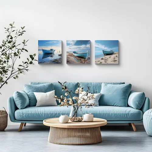 Vista 5 de Arte de pared costero de playa, arte en lienzo de barco azul, imágenes de gaviota, paisaje marino, impresiones de pintura de paisajes marinos, obras