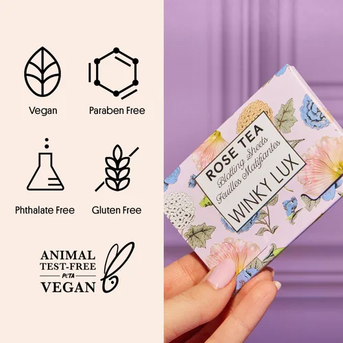 Vista 5 de Winky Lux Hojas secantes de aceite de té de rosa: papeles secantes de control de brillo en viajes compactos, absorben instantáneamente el aceite