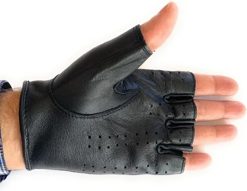 Vista 3 de Guantes sin dedos de cuero genuino de oveja para hombre, para conducir, ciclismo, motocicleta, ejercicio y fitness, sin dedos (XL, negro)