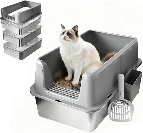 Vista 9 de Caja de arena de acero inoxidable, 24 x 16 x 12 pulgadas, caja de arena de metal extra grande para pellets de pino, caja de arena de metal de lados