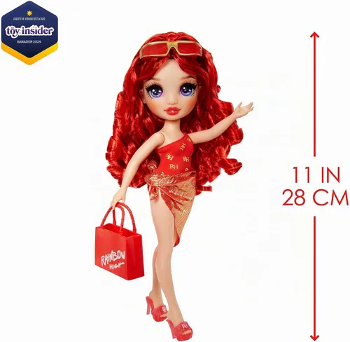 Vista 3 de Rainbow High Swim & Style Ruby, muñeca de moda roja de 11 pulgadas con envoltura brillante para peinar de más de 10 formas, traje de baño removible