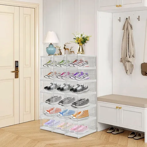 Vista 7 de Hedume Paquete de 6 cajas transparentes apilables para zapatos, caja de almacenamiento de zapatos frontal sin montaje, organizador de zapatos