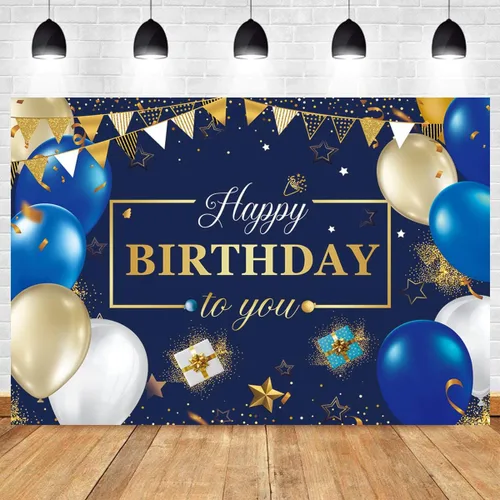 Vista 6 de Telón de fondo de feliz cumpleaños para hombres, azul marino, dorado, regalo de cumpleaños, bandera de estrella, globo, fondo de globo, para niños