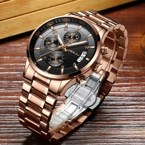 Vista 3 de CRRJU - Reloj de pulsera, de acero inoxidable para hombre, resistente al agua, cronógrafo, correa de acero inoxidable