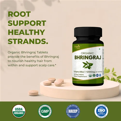 Vista 2 de ORGANIC SPREE Bhringraj 120 tabletas – Eclipta alba – 60 días de suministro – Apoya la nutrición del cabello, crecimiento saludable del cabello