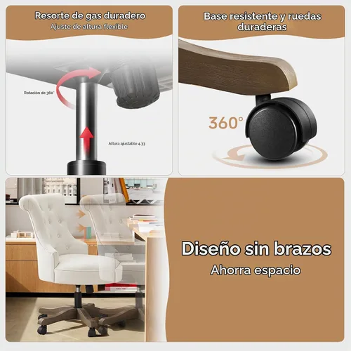 Vista 4 de HUIMO Silla de oficina en casa, sillas de escritorio tapizadas sin brazos con ruedas, altura ajustable, silla de escritorio para computadora