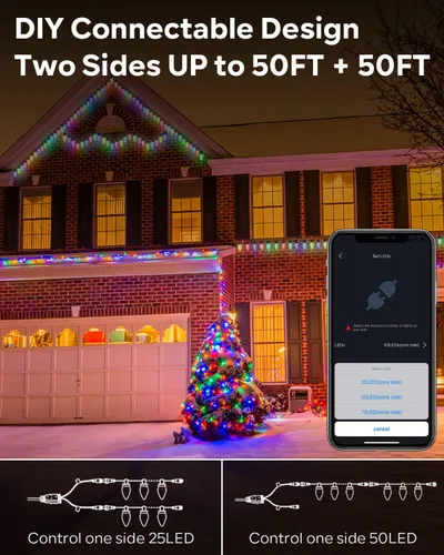 Vista 2 de Luces de Navidad dinámicas C9 para exteriores, 33 pies, 50 LED inteligentes RGB, control remoto por aplicación, conectable, impermeable, música