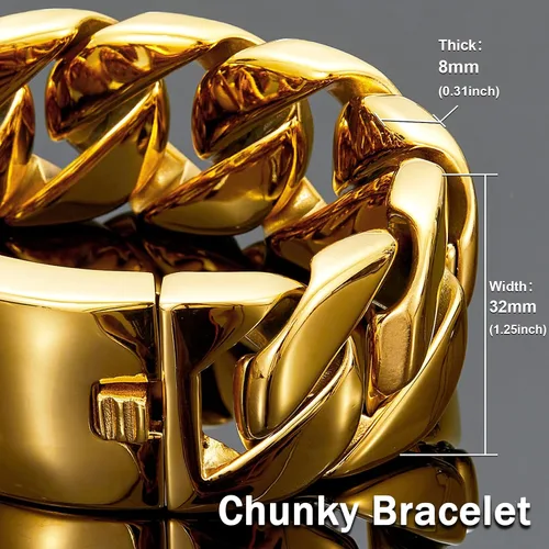 Vista 3 de AYiFFWTEO Collar de Pulsera de Cadena de Oro de 32mm de Ancho, Cadena de Oro Pesada con Caja, Chapado en Oro de 18K, Acero Inoxidable 316L, Cadena