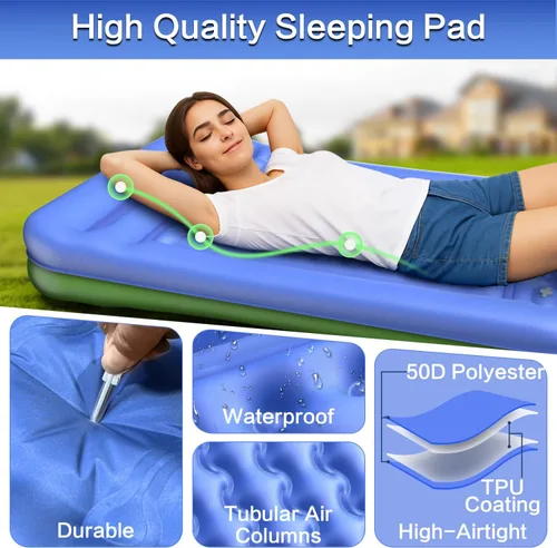Vista 6 de Colchoneta de dormir doble para campamento, extra gruesa de 5 pulgadas, autoinflable para 2 personas, con bomba de pie integrada, alfombrilla