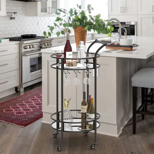 Vista 4 de Carrito redondo negro con 2 estantes de espejo, estante para vino y ruedas con cerradura, adecuado para cocina del hogar, club, sala de estar