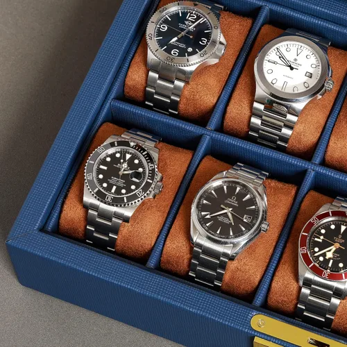 Vista 5 de ROTHWELL Caja de reloj de cuero con 10 ranuras, organizador de joyas de lujo, soporte para reloj con tapa de cristal grande, organizador de caja