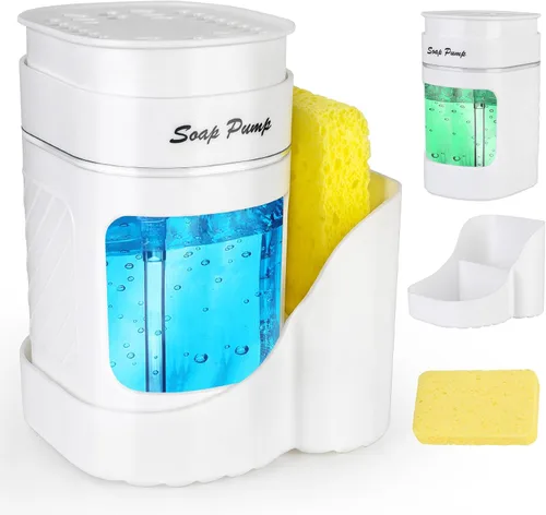 Vista 7 de Dispensador de jabón para platos de cocina con soporte para esponja, juego de dispensador de bomba de jabón para lavavajillas 3 en 1 para encimera