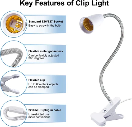 Vista 3 de Soporte de lámpara de aluminio flexible con clip para el cuello, enchufe ajustable 360, accesorio de luz de abrazadera E26/E27 con interruptor