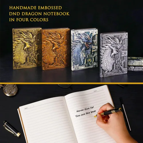 Vista 3 de DND Cuaderno de Dragón Diario de Cuero en Relieve 3D A5 Diario de Viaje Vintage con Bolígrafo y Funda para Bolígrafo, D&D Diario Diario Hecho a Mano