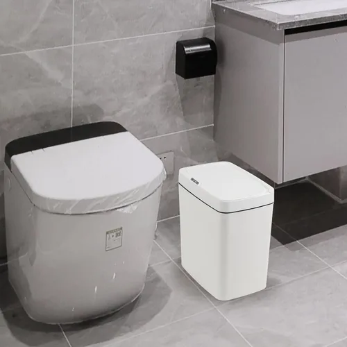 Vista 5 de Bote de basura con sensor de 4 galones con tapa infrarroja sin contacto, color blanco Cubo de basura automático de 15 litros con sensor