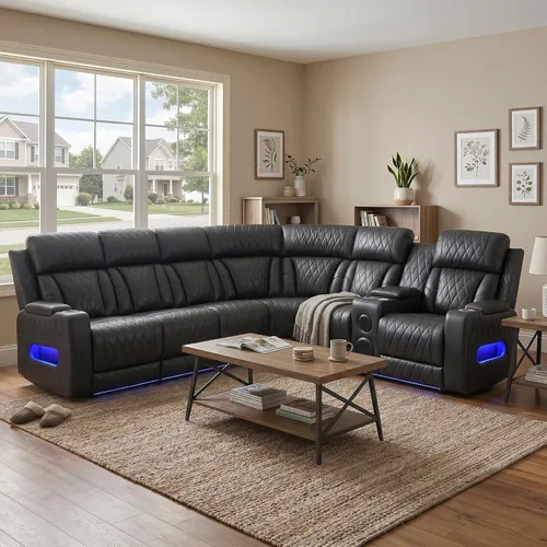 Vista 15 de Sofá seccional reclinable eléctrico, sofá de felpa beige y gris, sofá seccional con consola de almacenamiento, sofá reclinable para sala de estar