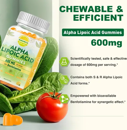 Vista 4 de Ácido R-alfa lipoico puro de 600 mg con benfotiamina para apoyo nervioso, apoyo antioxidante, suplemento ALA Gomitas de ácido alfa lipoico