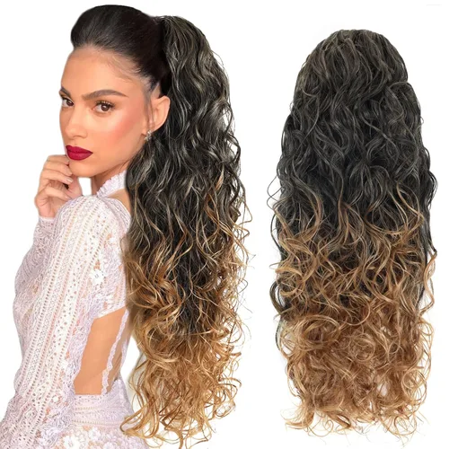 Vista 7 de Extensión de cola de caballo larga con cordón sintético de 26 pulgadas, moño rizado 4# Clip en extensión de pelo para mujer