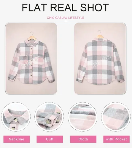 Vista 4 de SHEWIN - Camisas de franela, de manga larga, a cuadros, con solapa y botones para mujer