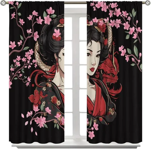 Vista 5 de Cortinas de geisha japonesas, flores rosas, ramas de árbol, sexy, glamour, para mujer, encantador, estética, oriental, con bolsillo para barra