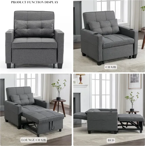 Vista 5 de Silla cama cama convertible ajustable con almohada, silla extraíble con puertos USB, antiarañazos, para sala de estar, dormitorio, apartamento, Lino