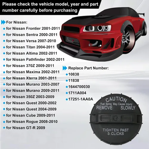 Vista 2 de Tapa de tanque de combustible 10838, Compatible con Nissan Frontier 2001-2011 Sentra 2000-2011 Xterra 2001-2011 GT-R 2009 Versa Titan Altima