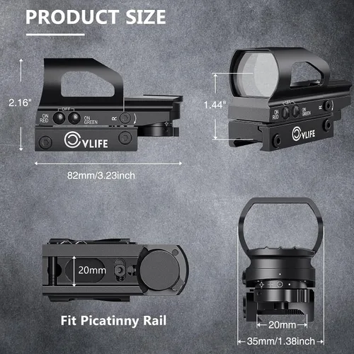 Vista 6 de CVLIFE Visor reflex con punto rojo y verde, 4 retículas, con interruptor On y Off, con pieza de montaje sobre raíl de 20 mm Vista holográfica,9